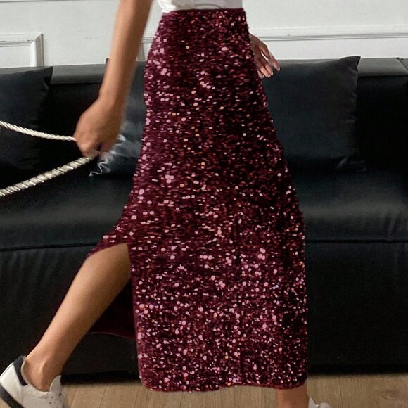 Burgundy Party Women's Sequin Embellished Elegant Side Slit Skirt - Picture 4 of 5